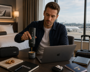 Travel espresso maker being used during remote work and business travel