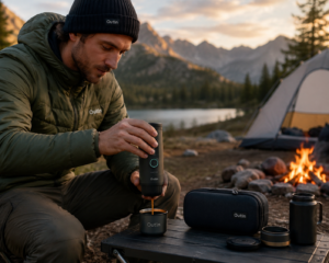 Portable espresso machine brewing coffee at a campsite during an outdoor adventure